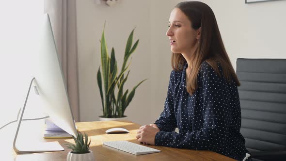 Young Positive Businesswoman Using Computer for Video Communication