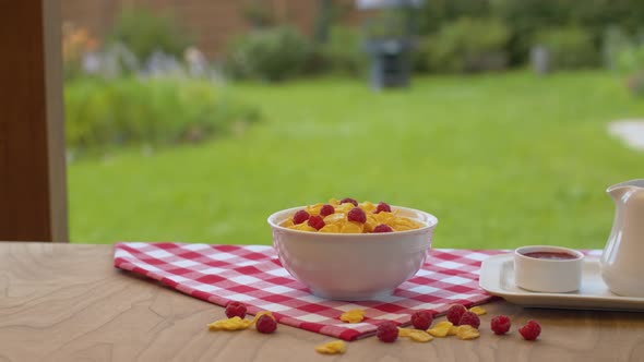 Bowl of cornflakes with raspberry