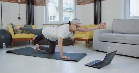 Woman Doingstretching Exercises on Mat at Home while Watching Video Online