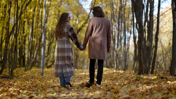 Loving Couple is Walking in Park in Sunny Autumn Day Holding Hands