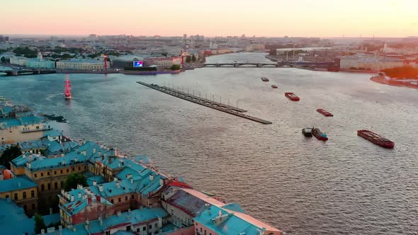 Aerial Footage of Frigate Russia Rehearses Demonstration Pass Along the Palace Embankment on Holiday