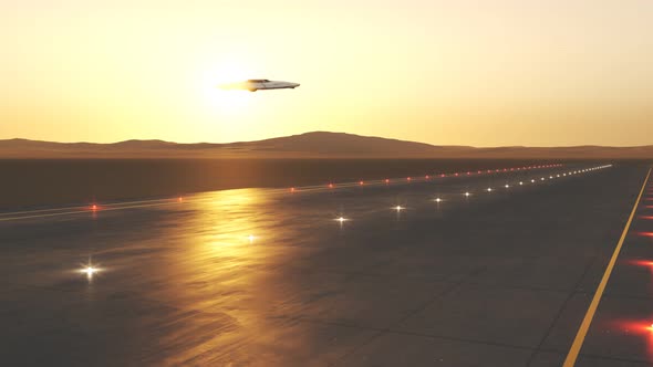 Extraterrestrial spacecraft (UFO) landing on a strip during sunset. 4KHD
