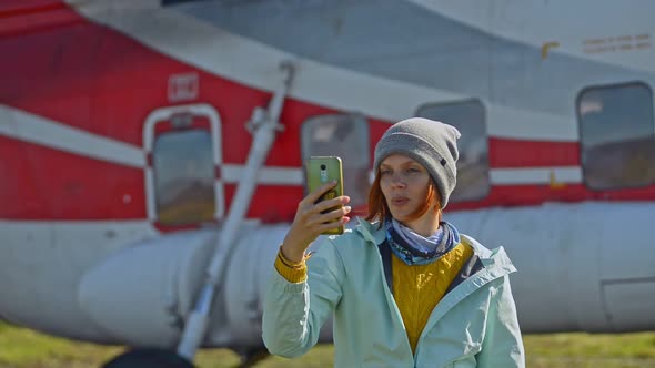 Passenger Helicopter Journey Lady in Hat Talks at Videochat Avki