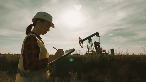 Woman Engineer Writing on Clipboard in Oil Field. Female Wearing White Helmet and Work Clothes