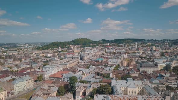 Aerial City Lviv, Ukraine. European City. Central Part of Old European City