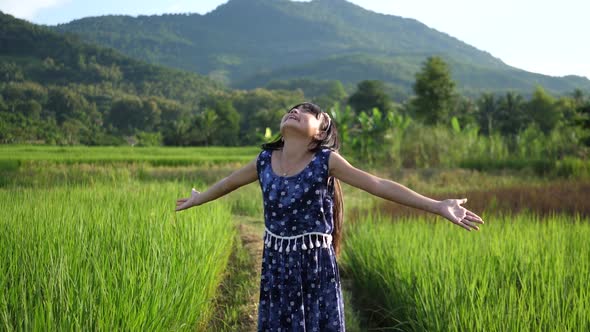 Happy Little Girl Enjoys In Rice Field