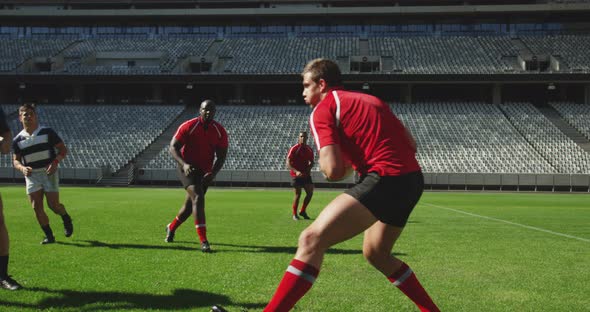 Rugby Players Playing Rugby Match in Stadium