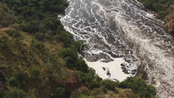 Aerial drone shot of the river Nile in Africa and a nature background. Murchison Falls, Uganda.