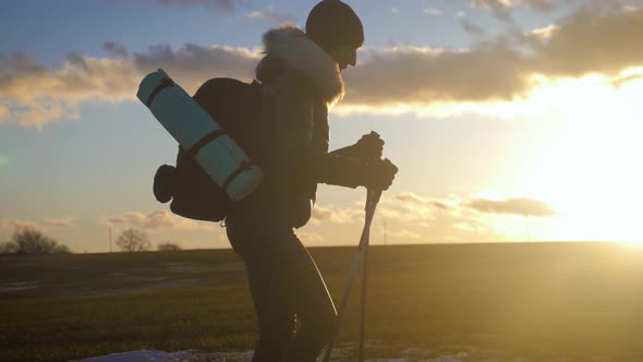 Woman Traveler with Backpack Hiking in Mountains. Silhouette Hiker Walking in the Mountains, Freedom