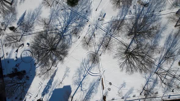 Top view of city park and clock tower in the winter