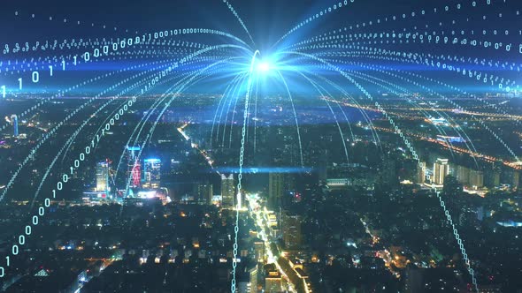 smart Connected city skyline. Futuristic network concept, city Technology.