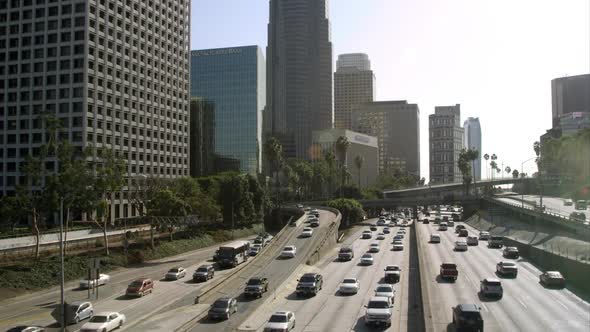 High speed motion view of traffic on the freeway from bridge in Los Angeles