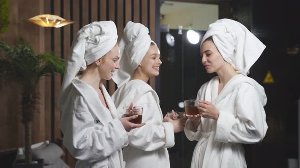 Lady Friends Drinking Herbal Tea After Spa Treatment Having Rest Enjoying Beauty Procedures