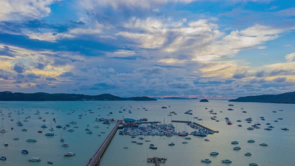 Time Lapse Aerial View Sunrise Above Chalong Pier.