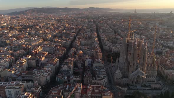 Barcelona, Spain, aerial view of Sagrada Familia neighbourhood and residential area.