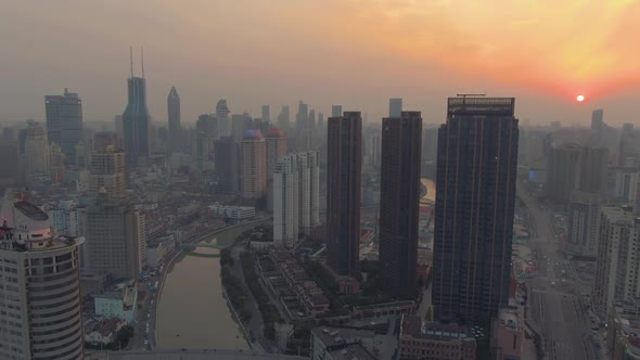 Shanghai Skyline at Sunset. Huangpu Cityscape. China. Aerial View