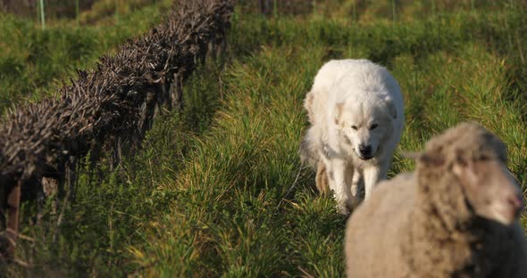Pyrenean Mountain Dog guarding  Domestic sheeps, Occitanie, France