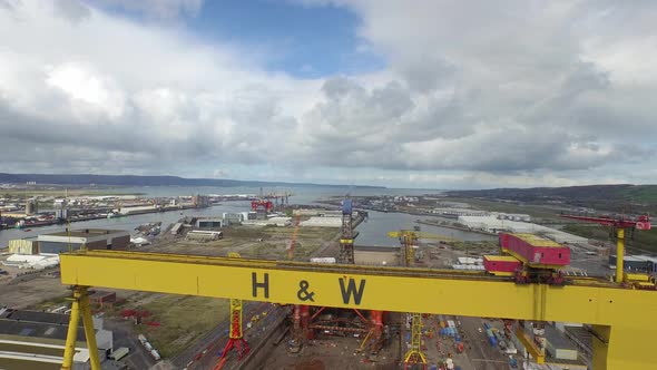 Aerial views of Harland and Wolff cranes, Samson and Goliath, in Belfast, Northern Ireland