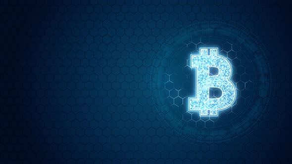 Blue digital money logo with circle rotation on hexagon shape background