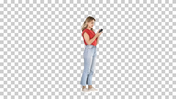 Smiling Casual Woman Holding Smartphone Using It, Alpha Channel
