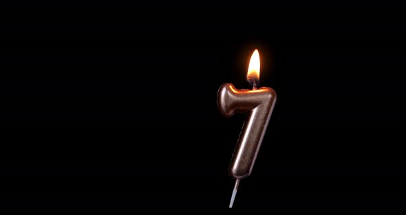 Realistic full-sized single birthday candlelight 7 seven number isolated on black background