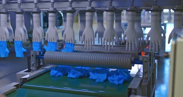 Readymade Medical Gloves are Removed From Molds Conveyor Production