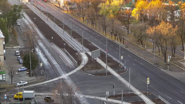 Construction Site of Avenue with Road Traffic Aerial Timelapse