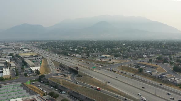 Flying over Orem Center Street exit on I-15 in Utah