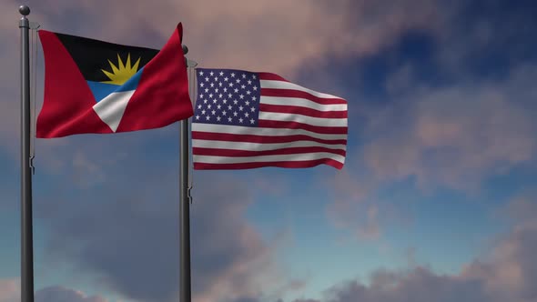 Antigua And Barbuda Flag Waving Along With The National Flag Of The USA - 2K