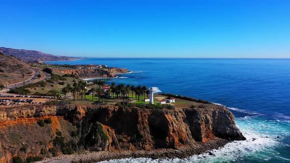 Aerial view slowly panning down at the lighthouse in Rancho Palos Verdes.