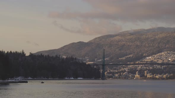 Panoramic View of Modern City Industrial Site Lions Gate Bridge Vancouver Harbour and Mountains