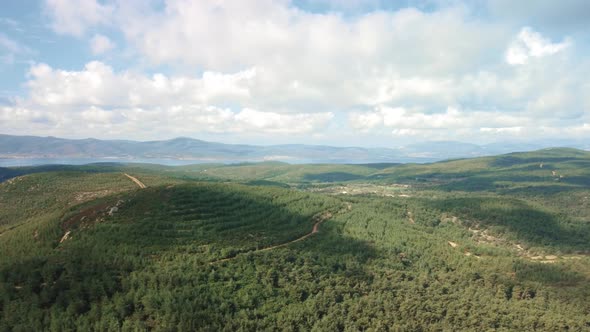 Flying Over of Agricultural Landscape with Many Fields Farmlands Sea and Mountain Background