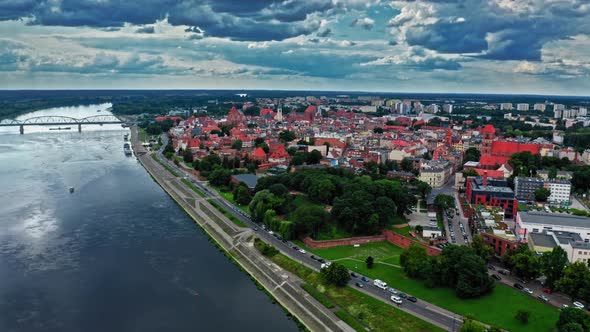 Summer view of Torun old town and Vistula river.