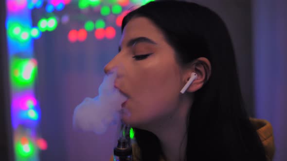 Brunette Girl Vaping Smoking Device Vape Smoke Bad Habits Close Up