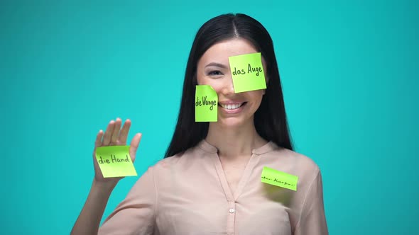 Female Student Learning German, Covered With Body Parts Sticky Notes, Education