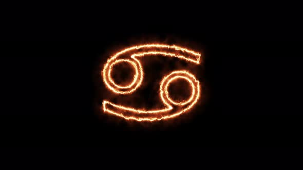 Zodiac signs Cancer on fire. Symbol animation burning in a flame on a black background
