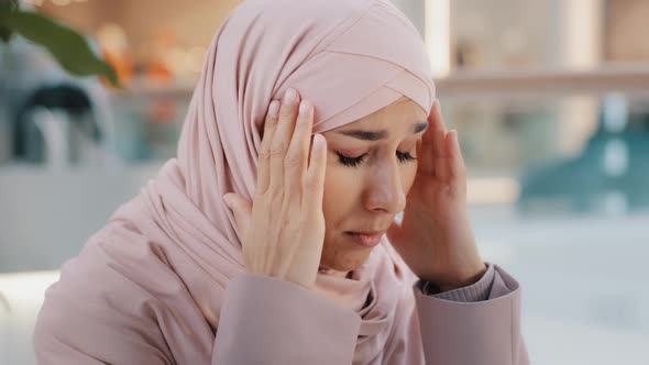 Closeup Upset Young Woman Gets Bad News Feels Stressful Anxiety Frustrated Muslim Girl Suffers From