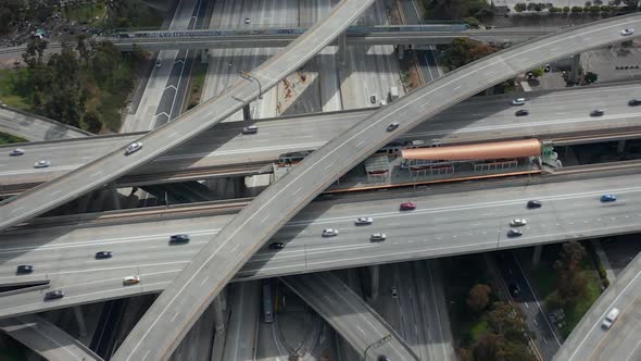 AERIAL: Slowly Circling Over Judge Pregerson Huge Highway Connection Showing Multiple Roads, Bridges