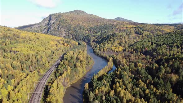 View of the Beautiful Forest, Railway and River Along the Forest, Bird's Eye View of the Landscape