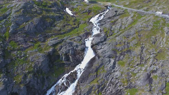 Aerial View of Stigfossen Waterfall on Trollstigen Road, Norway