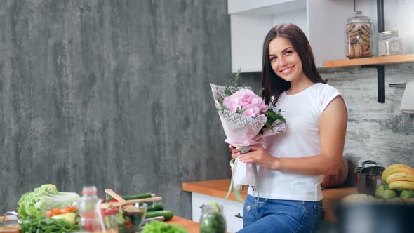 Portrait Attractive Female Posing with Rose Composition at Cosiness Cuisine Looking at Camera