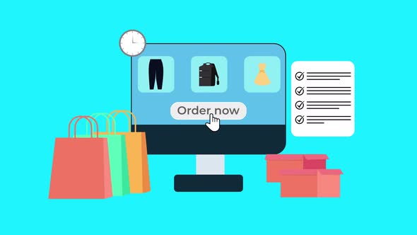Online shopping and purchasing animation with colorful shopping bags
