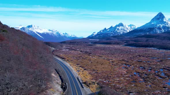 Patagonia road at Ushuaia Argentina province of Tierra del Fuego. Stunning road between nevada mount