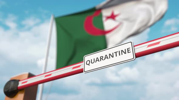Barrier Gate with QUARANTINE Sign Opens at Flag of Algeria alt