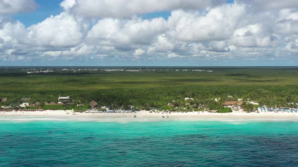 Aerial Panoramic View of a Tropical Beach in Tulum With Exclusive Tourist Resort