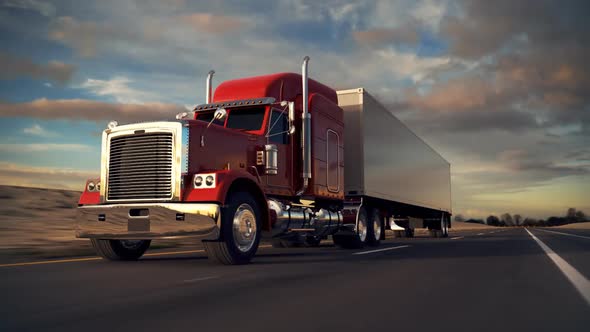 Huge semi-trailer cargo truck riding on the highway. Front view animation. HD