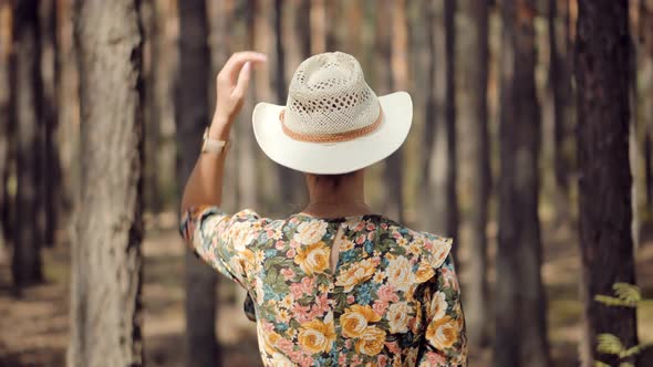 Relaxing Woman In Hat Walking Pine Forest. Holiday Vacation Tourist Journey Trip In Warm Day. Forest
