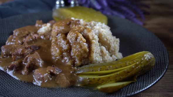 Beef stew with barley groats.