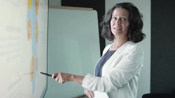 Successful Businesswomen Pointing with Pen, Talking and Smiling