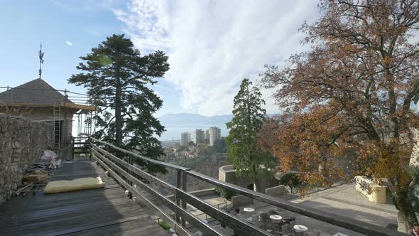 A wooden platform on a castle wall